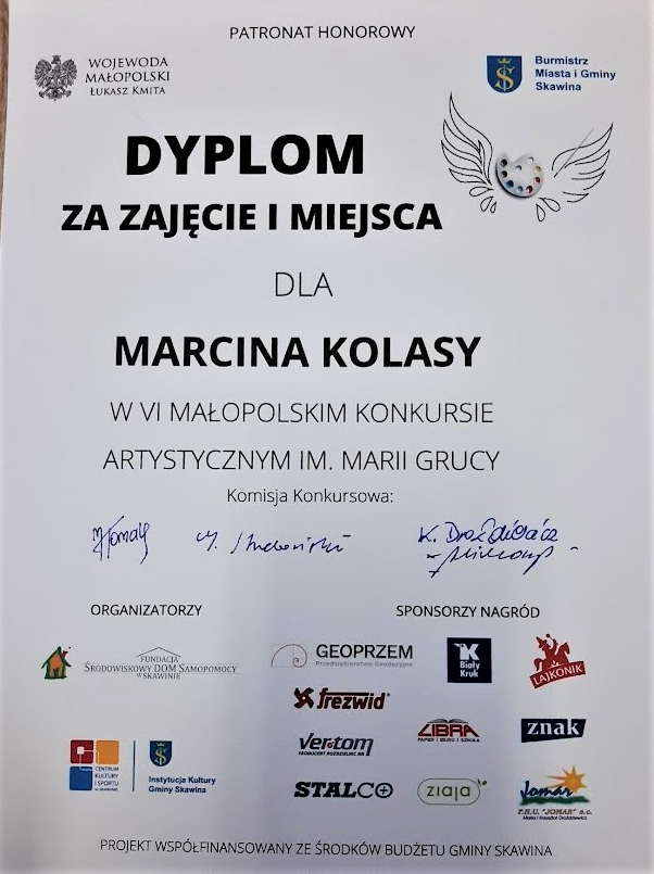 Dyplom za zajęcie pierwszego miejsca w konkursie artystycznym dla Marcina Kolasy